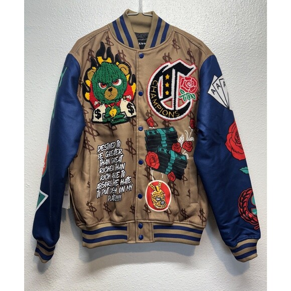 Reason Paper Chaser Chenille Bomber Jacket Mens Small Khaki Patched Varsity - Picture 1 of 16